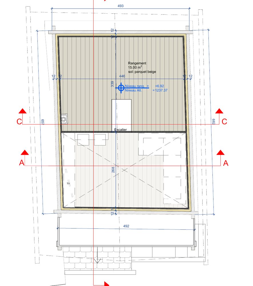 Plan de la mezzanine : espace de 15 m² en parquet au-dessus du séjour.